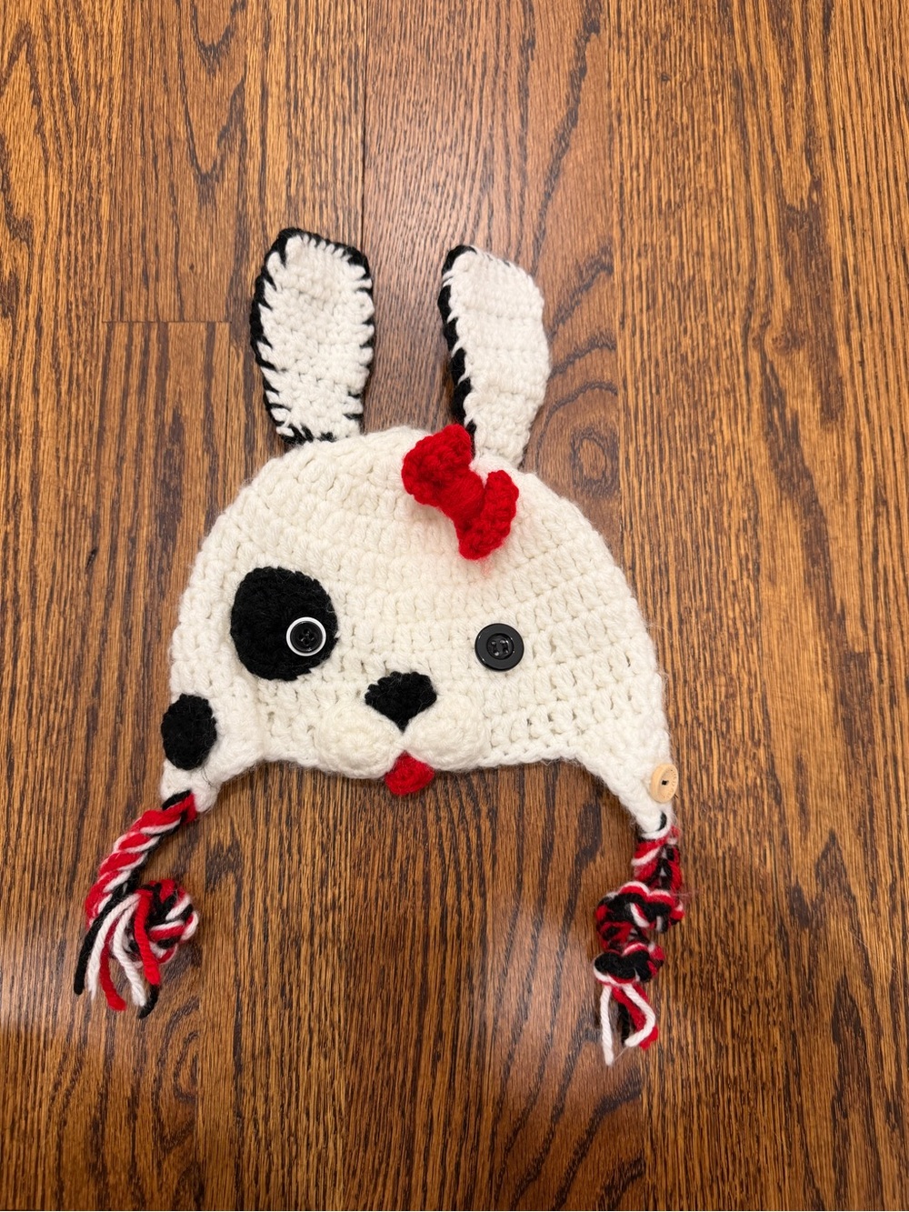 Baby Handmade Cream PuppyHat with Red Bow